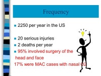 Frequency n 2250 per year in the US n 20 serious injuries n 2 deaths per year n 95% involved surgery of the head and face 17... 