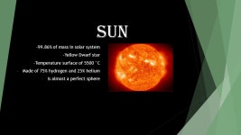 The Solar system By: Tye Beischer. Sun % of mass in solar system -Yellow Dwarf star -Temperature surface of 5500 °C - Made of 75... 