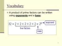 1 Chapter 1 L1-4 Notes: Powers and Exponents. 2 Vocabulary A product of prime factors can be written using exponents and a base.... 