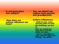 Elements of Culture World Cultures Notes. Is everyone born into culture? How does our culture influence our lives? Yes, we... 