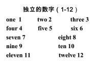 第一课时 独立的数字（ 1-12 独立的数字（ 1-12 ） one 1 two 2 three 3 four 4 five 5 six 6 seven 7 eight 8 nine 9 ten 10... 