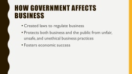 THE ROLE OF GOVERNMENT IN BUSINESS CHAPTER 11. HOW GOVERNMENT AFFECTS BUSINESS Created laws to regulate business Protects both... 