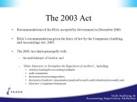 The New Model of Oversight Presentation to MBA Students DIT Aungier Street 19 October, 2004 Ian Drennan Chief Executive... 