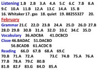 Listening 1.B 2.B 3.A 4.A 5.C 6.C 7.B 8.A 9.C 10.A 11.B 12.A 13.C 14.A 15. B 16. Whitaker 17. gas 18. quiet February Grammar 21.C... 