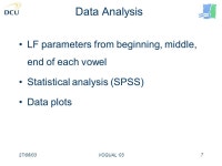 27/08/03VOQUAL 031 Variation of glottal LF parameters across F0, vowels and phonetic environment Michelle Tooher & John McKenna... 