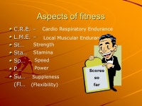Perth Grammar School Standard Grade PE Fitness Aspects of fitness C.R.E. – L.M.E. – St…Sta…Sp…P…Su…(Fl… Cardio... 