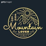 Mountain camping outdoor t shirt badge mono line vector illustration (1490345876) - 게티이미지뱅크