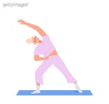 Flat cartoon young sportive woman character training doing fitness stretching standing on yoga matt 이미지 (1490720105)... 