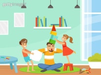 Loving Parent Playing with Kids. Man and Small Boy and Girl Gaming Fun. Happy Family Having Weekend Leisure Time (1337144345) 일러스트... 
