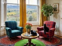 Cozy living room with plaid armchairs and scenic view | Deep Dream Generator Cozy Room with Cats and Scenic Views | Deep Dream... 