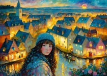 Girl in Blue Hat Gazes at Colorful Townscape at Dusk | Deep Dream Generator Impression town in shine of lights, view from top... 