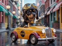 Small dog in aviator gear inside a yellow taxi cab | Deep Dream Generator Dog Taxi | Deep Dream Generator