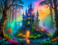 Magical castle in a vibrant forest landscape | Deep Dream Generator Enchanted Castle Under a Rainbow Sky | Deep Dream Generator