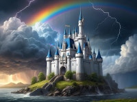 Castle on Rocky Island Under Stormy Skies and Rainbow | Deep Dream Generator Rainbow Castle | Deep Dream Generator
