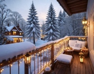Snow-covered deck with lights overlooking winter house. | Deep Dream Generator winter night balcony | Deep Dream Generator