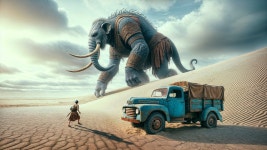 Surreal Desert Scene with Armored Elephant and Truck | Deep Dream Generator Hey !! | Deep Dream Generator