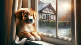 Golden puppy gazes out a rain-speckled window | Deep Dream Generator Puppys Melancholy by the Rainy Window | Deep Dream Generator