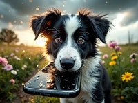 Playful Puppy in Flower Field with Smartphone | Deep Dream Generator Puppys Phone Adventure: Stormy Meadow | Deep Dream Generator