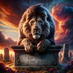Lion on Gravestone with Dramatic Sky and Flowers | Deep Dream Generator Lion Guardian of a Serene Resting Place, RIP James Earl... 