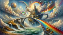 Surreal Landscape with Castle and Cascading Waterfalls | Deep Dream Generator Majestic Castle Over Rainbow Bridge Dreamscape... 