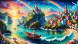 Vibrant Coastal Fantasy Landscape with Castle and Rainbow | Deep Dream Generator Rainbow Skies: Castle Cliff Village | Deep Dream... 