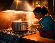 Woman Stirring a Pot in a Warm Kitchen Setting | Deep Dream Generator Cooking by the stove | Deep Dream Generator