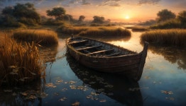 Serene Landscape with Weathered Boat and Sunrise Reflections | Deep Dream Generator Sunset Serenity A Boat in Tranquil Waters... 