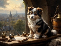 Fluffy Puppy with Blue Eyes on Vintage Table | Deep Dream Generator Puppys Daydream by the Open Book | Deep Dream Generator
