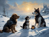 Dogs in Snowy Landscape with Lantern and Castle | Deep Dream Generator Winter Paws: A Cozy Sunrise Scene | Deep Dream Generator