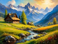 Serene Landscape with Cabin and Snow-Capped Mountains | Deep Dream Generator Tranquil Cabin in Lush Countryside Bliss | Deep... 