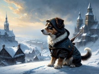 Brave Dog in Cloak in Enchanting Snowy Landscape | Deep Dream Generator Majestic Dog on Snowy Hill Adventure | Deep Dream Generator