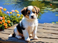 Puppy on Dock by Serene Pond with Vibrant Flowers | Deep Dream Generator Puppys Peaceful Pond Retreat | Deep Dream Generator