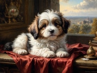 Fluffy Puppy on Red Velvet with Scenic Landscape | Deep Dream Generator Puppy Bliss on Red Fabric with Scenic Views | Deep Dream... 