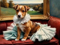 Playful Puppy in Ruffled Dress on Plush Couch | Deep Dream Generator Elegant Puppy on a Red Couch Delight | Deep Dream Generator