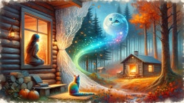 Cozy log cabin in autumn forest with magical elements | Deep Dream Generator Uhm... 2158 | Deep Dream Generator
