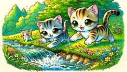 Cartoon Illustration of Kittens by a Bubbling Stream | Deep Dream Generator Playful summer 1558 | Deep Dream Generator