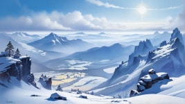 Snow-covered mountains under clear blue sky in serene winter... Generator Snow-covered mountains under clear blue sky in serene... 