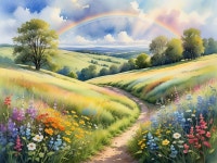 Vibrant Landscape with Rolling Hills and Rainbow | Deep Dream Generator Serene Hills and a Rainbow Pathway | Deep Dream Generator
