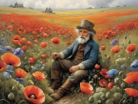 Lush Field of Red Poppies with Elderly Man in Blue | Deep Dream Generator - The Fool on the (flat) Hill  | Deep Dream Generator