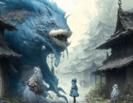 Colossal Blue Creature in Mystical Fog-Laden Village | Deep Dream Generator - A Village Witch with her pet -  | Deep Dream Generator