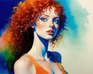 with big brown eyes, blond curly hair, umber, orange, and yellow colors, by Ralph Steadman, by Gerald Sca... | Deep Dream Generator