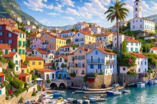 Colorful Coastal Village with Boats and Hills Background | Deep Dream Generator Ort am Meer  | Deep Dream Generator