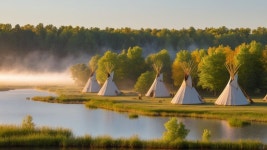 Peaceful Dawn Landscape with Teepees and Riverbank | Deep Dream Generator Early Morning... | Deep Dream Generator