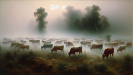 Serene Misty Landscape with Grazing Cows | Deep Dream Generator Misty Meadow: Grazing Cows and Lone Tree | Deep Dream Generator