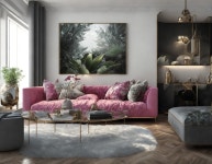 Stylish Living Room with Plush Pink Sofa and Decor | Deep Dream Generator J1022 | Deep Dream Generator