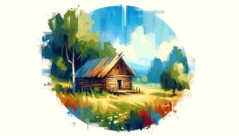 Rustic Cabin in Lush Green Landscape Under Blue Sky | Deep Dream Generator Serene Summer Cabin Illustration | Deep Dream Generator