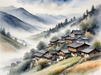 Misty Valley Watercolor with Wooden Houses and Mountains | Deep Dream Generator Misty Mountains and Rustic Serenity | Deep Dream... 