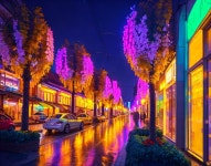 Vibrant evening street scene with purple-lit trees and colorful shop fronts | Deep Dream Generator Night in a city | Deep Dream... 