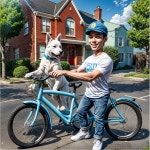 Young boy on light blue bicycle with white dog | Deep Dream Generator A Bike Built For Me and My Dog | Deep Dream Generator