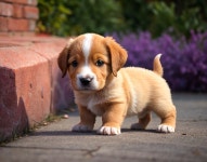 Adorable puppy on a paved walkway with greenery | Deep Dream Generator Puppys Path to Spring Blooms | Deep Dream Generator
